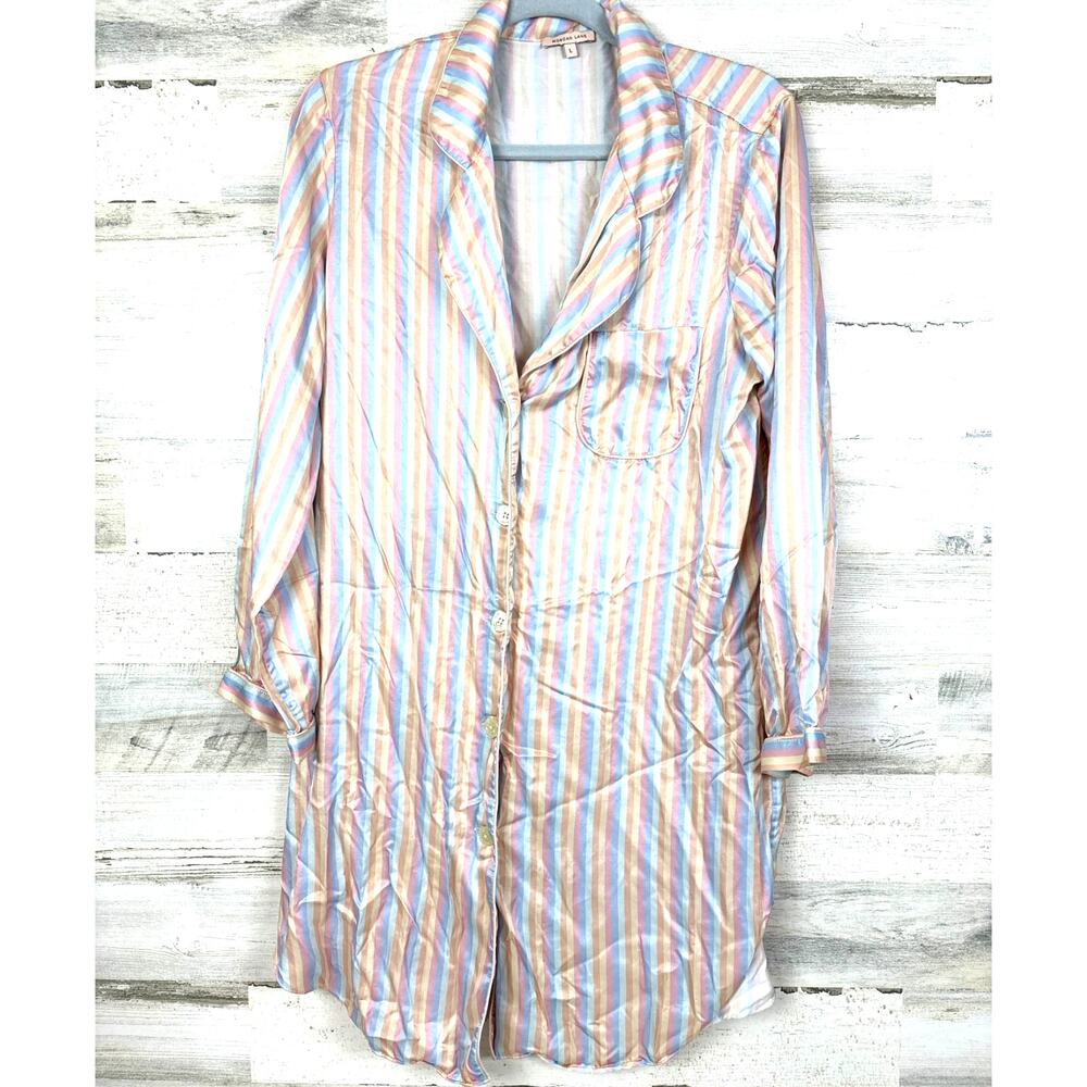 Morgan Lane Womens L Sherbert Striped Silk Jillian Button Up Night Shirt PJ's - Picture 3 of 7